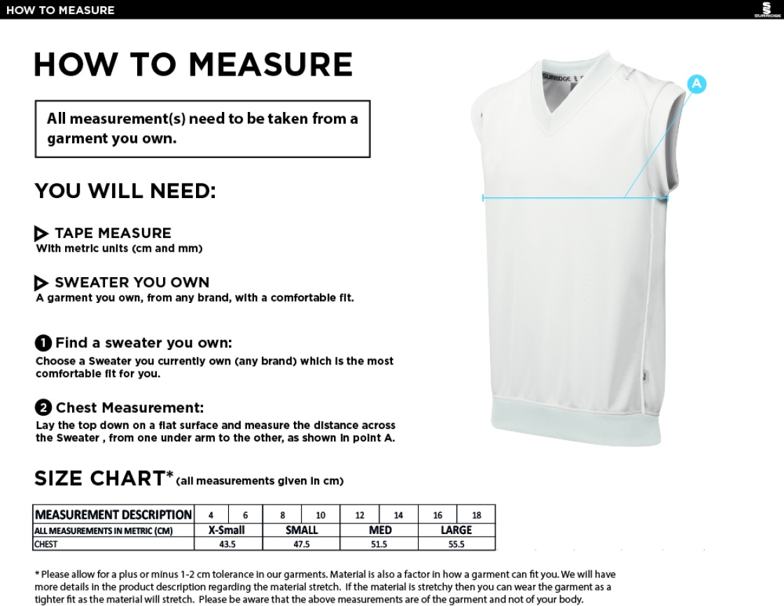 Blagdon CC - Blast Sleeveless Women's Cricket Sweater - Size Guide