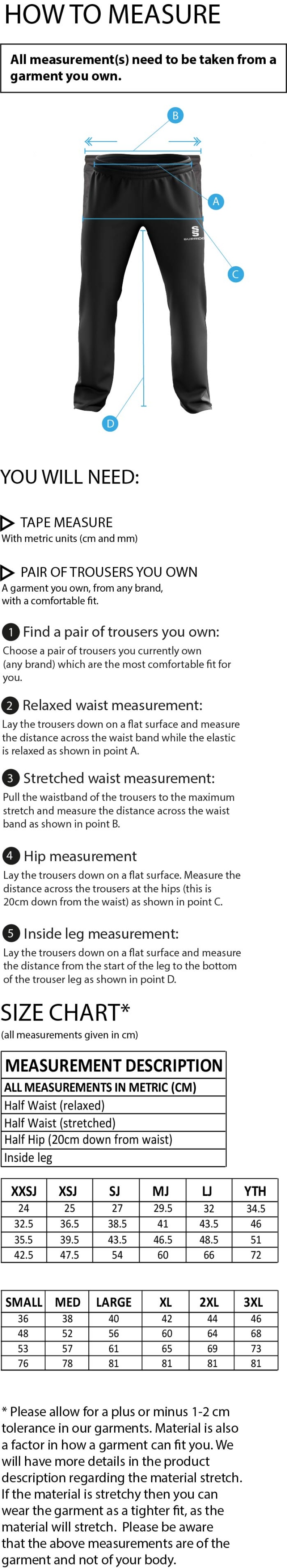 Blagdon CC - POPLIN TRACK PANT WITH LYCRA - Size Guide