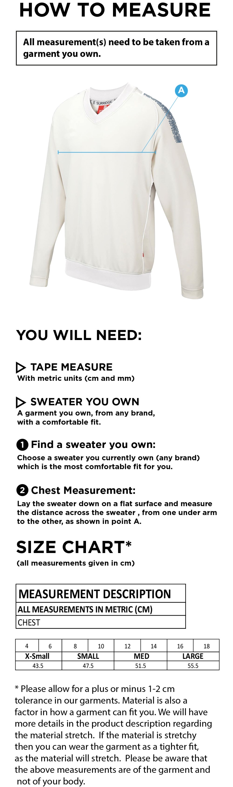 Blagdon CC - Blast Long Sleeve Women's Cricket Sweater - Size Guide