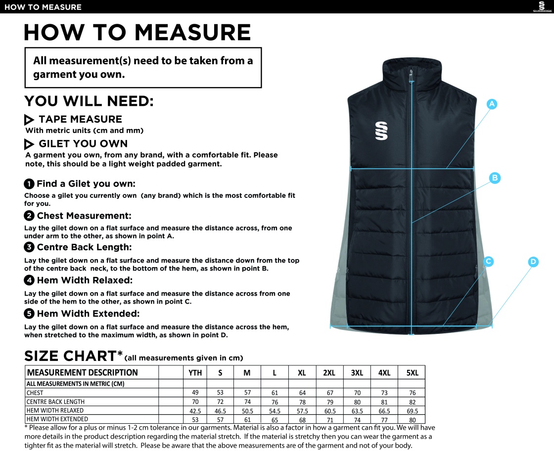 Blagdon CC - ACTIVE GILET - NAVY - Size Guide