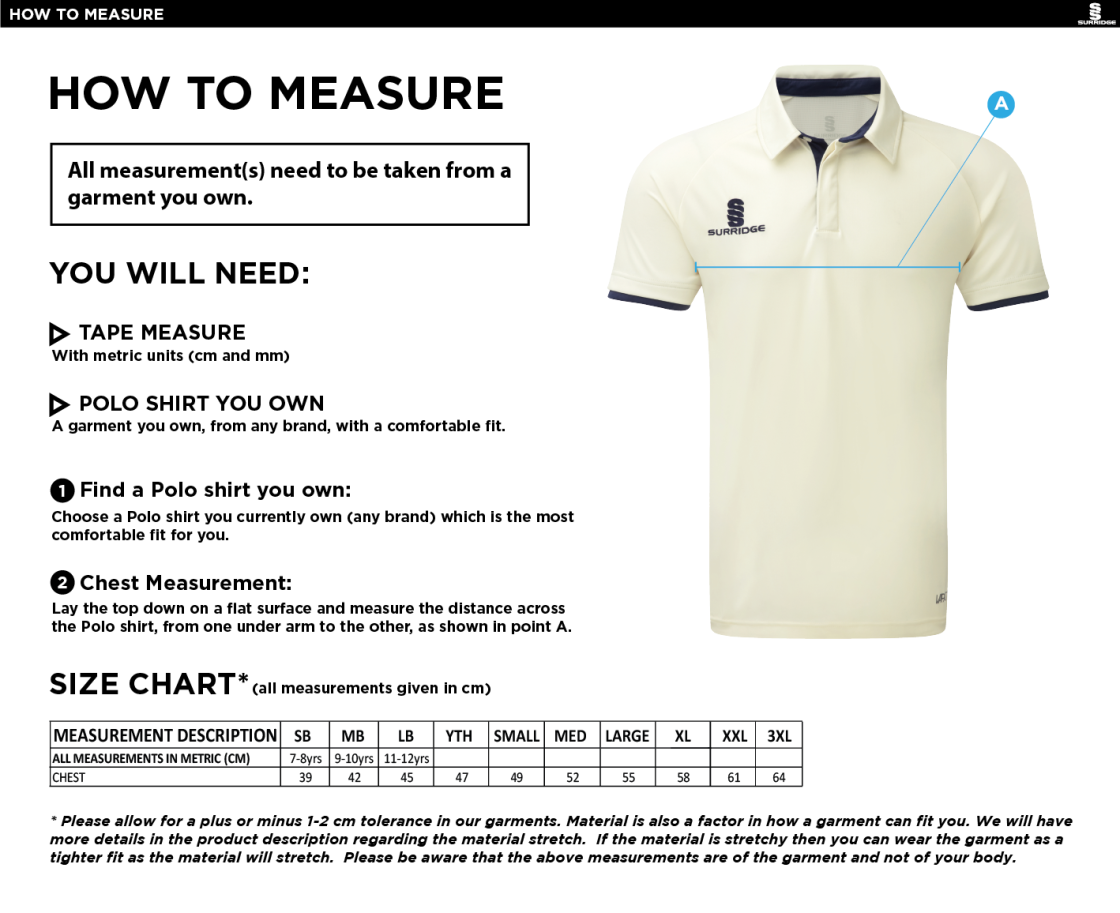 Blagdon CC - Short Sleeved Cricket shirt - Size Guide