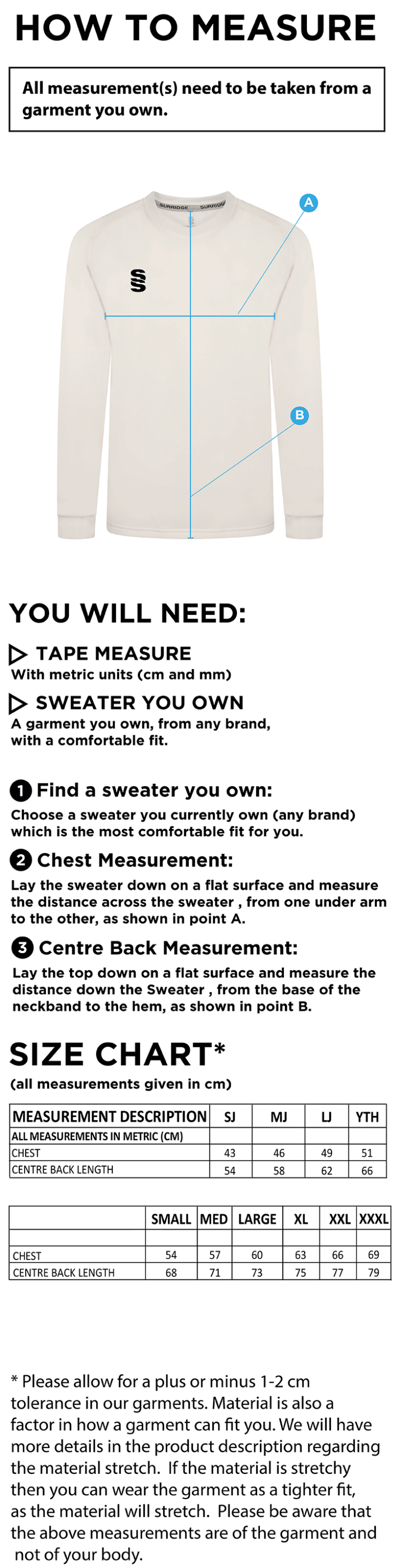 Blagdon CC - Blast Long Sleeve Cricket Sweater - Size Guide
