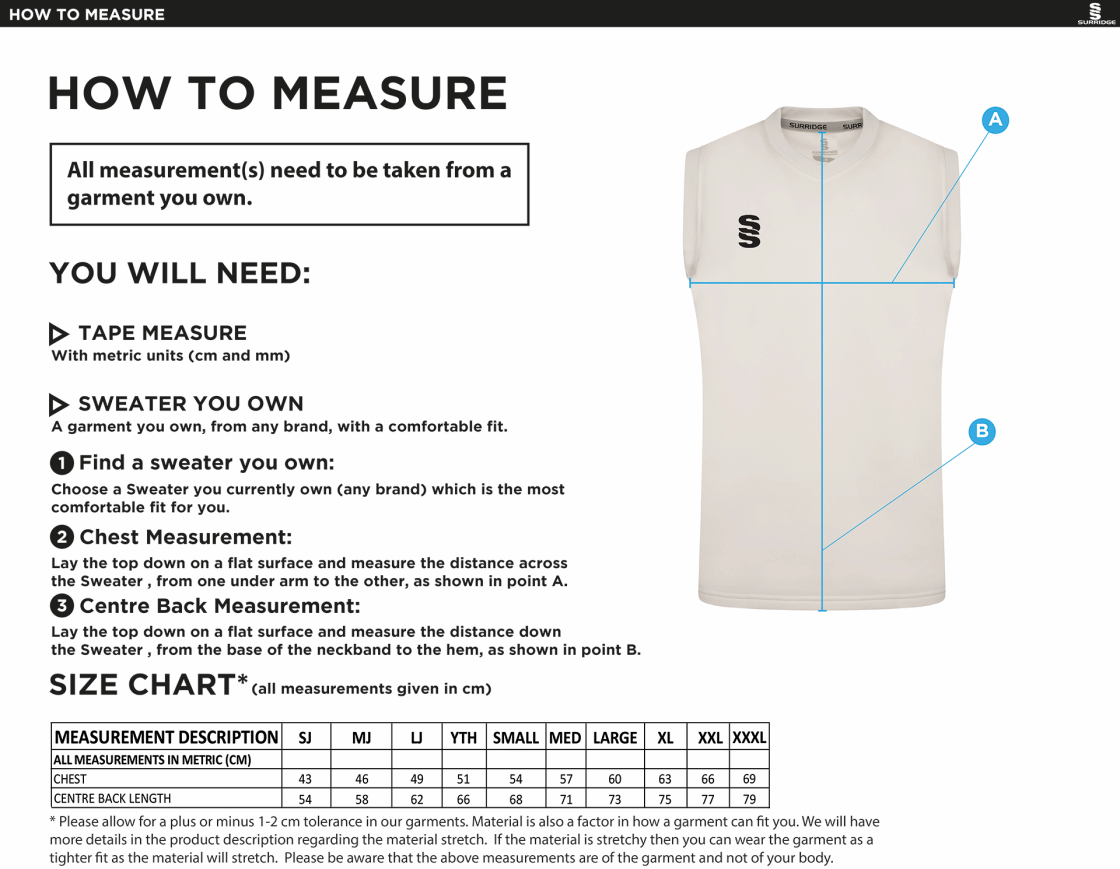 Blagdon CC - Blast Sleeveless Cricket Sweater - Size Guide
