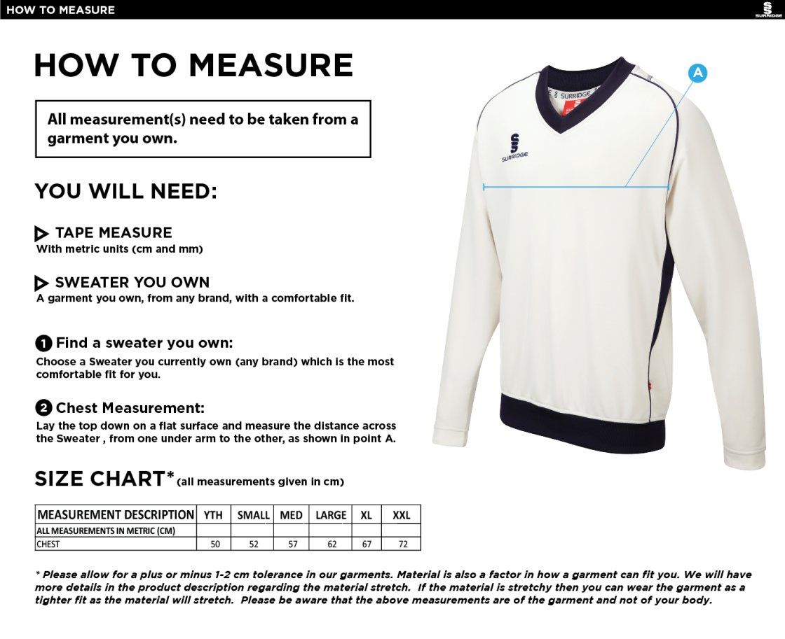 Blagdon CC - Long Sleeved Cricket Sweater - Size Guide