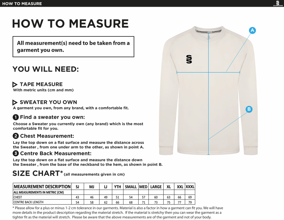 Blagdon CC - Blast Long Sleeve Cricket Sweater - Size Guide