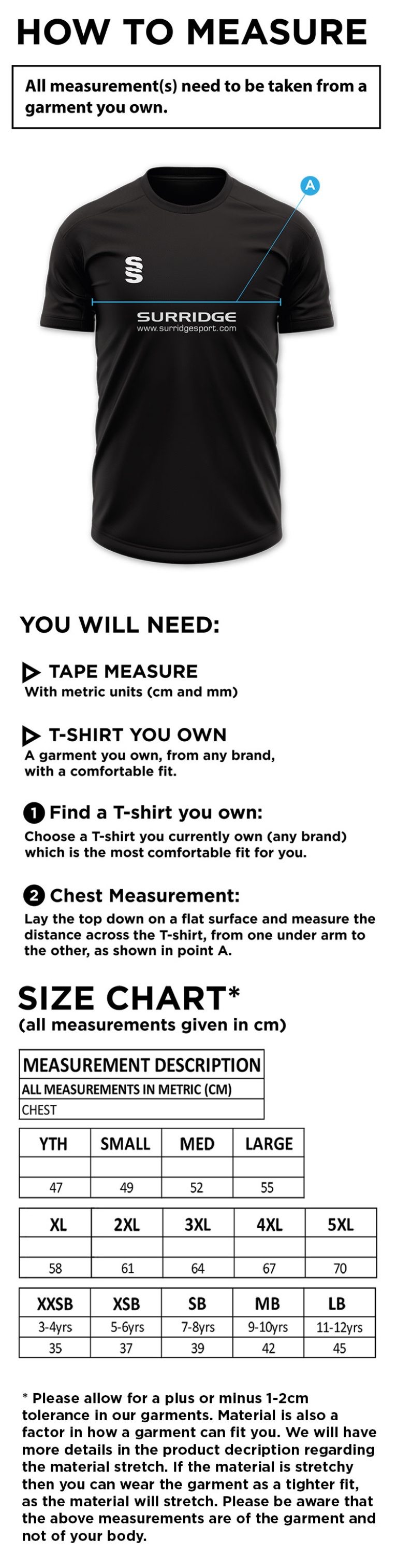 Blagdon CC - Blade Training Shirt - Size Guide