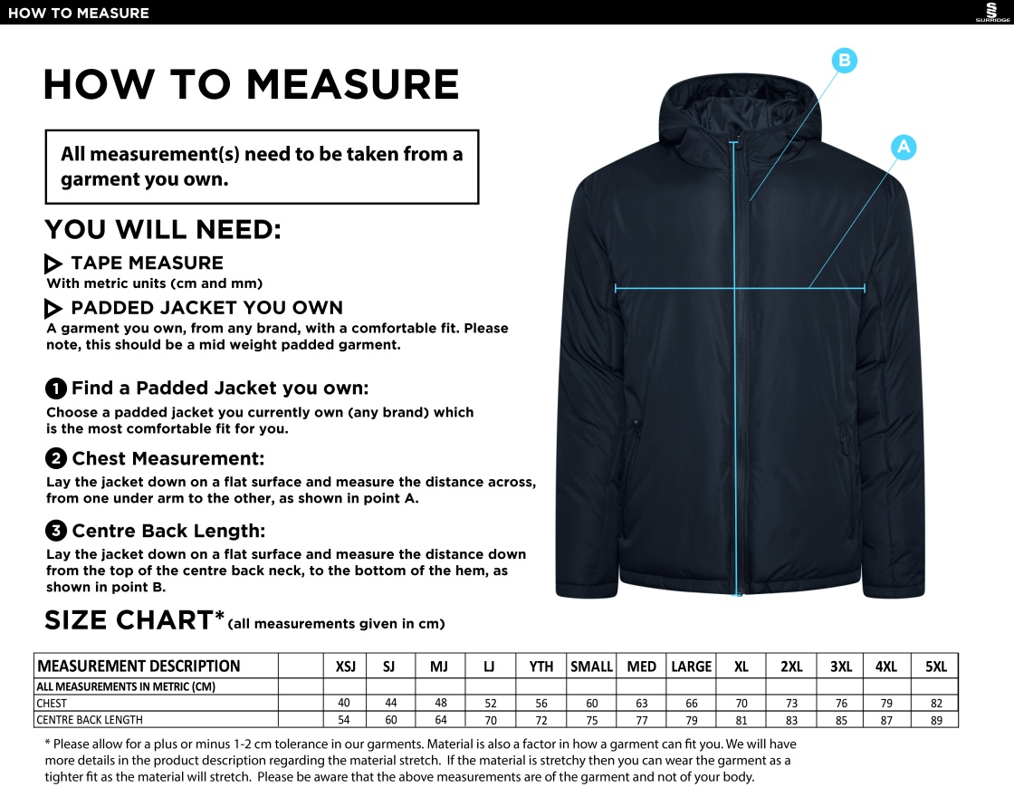 Blagdon CC - Active Padded Jacket - Navy - Size Guide