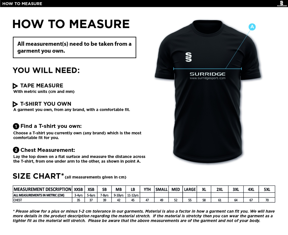 Blagdon CC - Blade Training Shirt - Size Guide