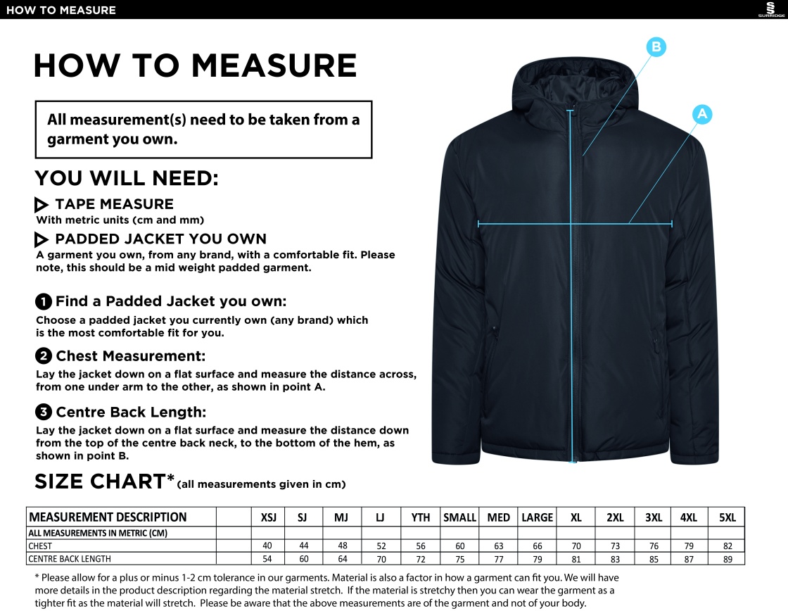 Blagdon CC - Active Padded Jacket - Navy - Size Guide