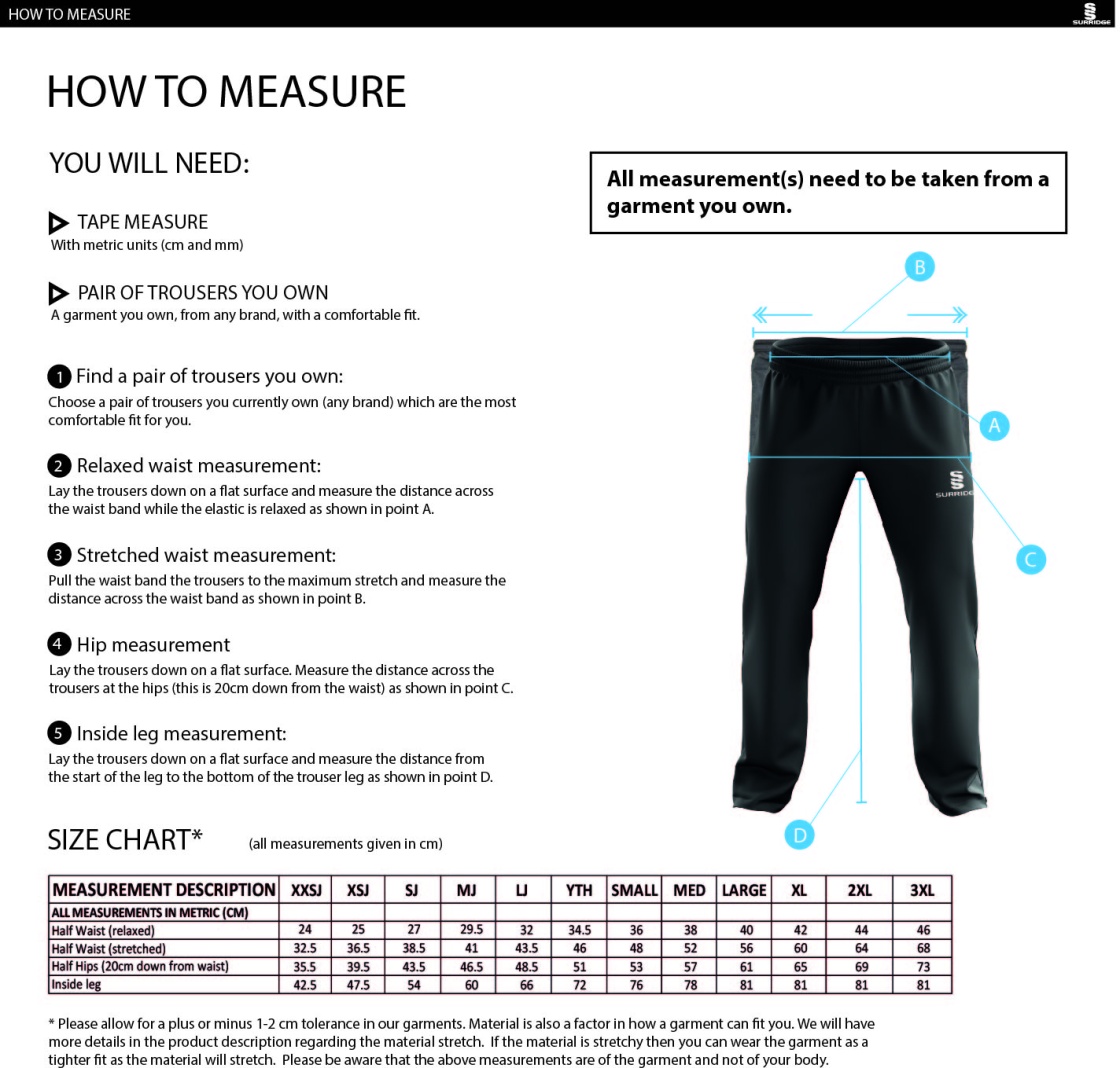 Blagdon CC - POPLIN TRACK PANT WITH LYCRA - Size Guide