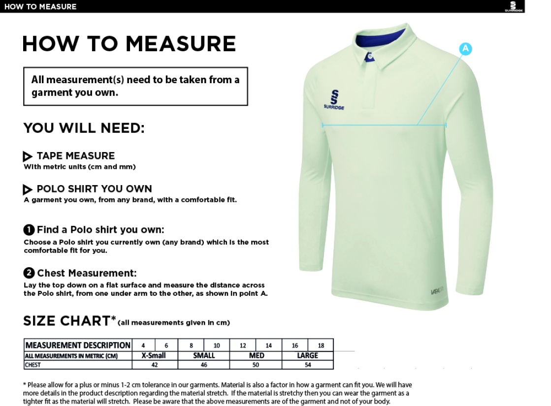 Blagdon CC - DUAL LONG SLEEVE CRICKET SHIRT (WOMENS)-Ivory - Size Guide