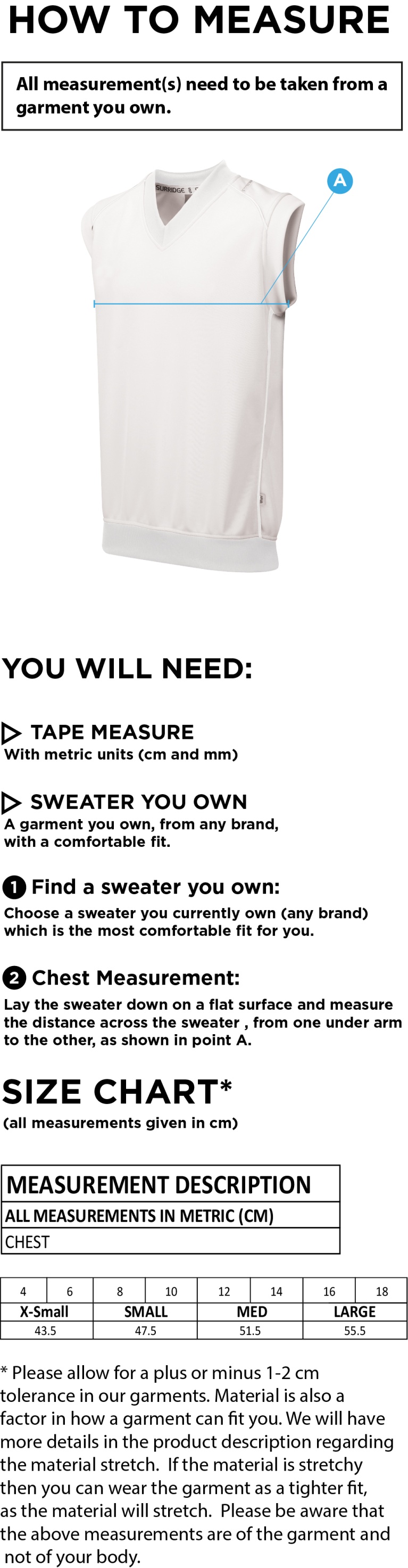 Blagdon CC - Blast Sleeveless Women's Cricket Sweater - Size Guide