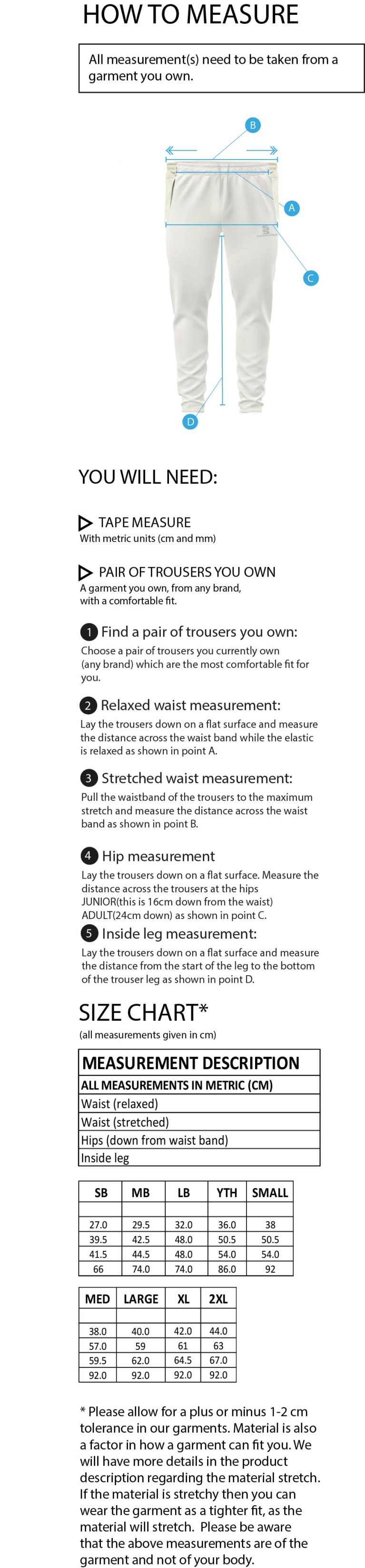 Blagdon CC - Blade Playing Pant - Size Guide