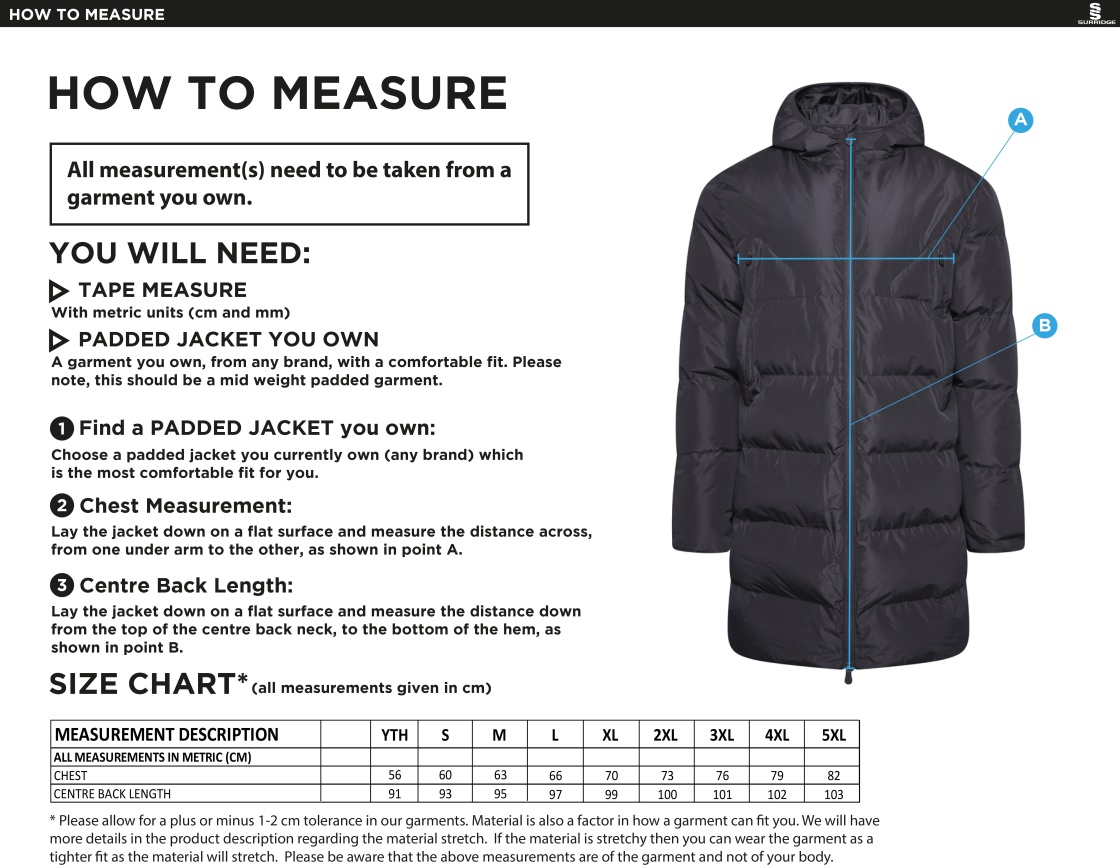 Blagdon CC - ACTIVE LONG PADDED JACKETS - Size Guide