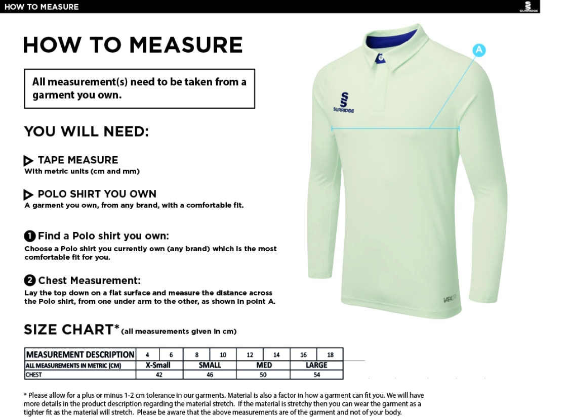 Blagdon CC - DUAL LONG SLEEVE CRICKET SHIRT (WOMENS)-Ivory - Size Guide