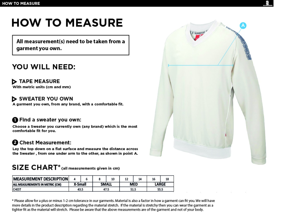 Blagdon CC - Blast Long Sleeve Women's Cricket Sweater - Size Guide