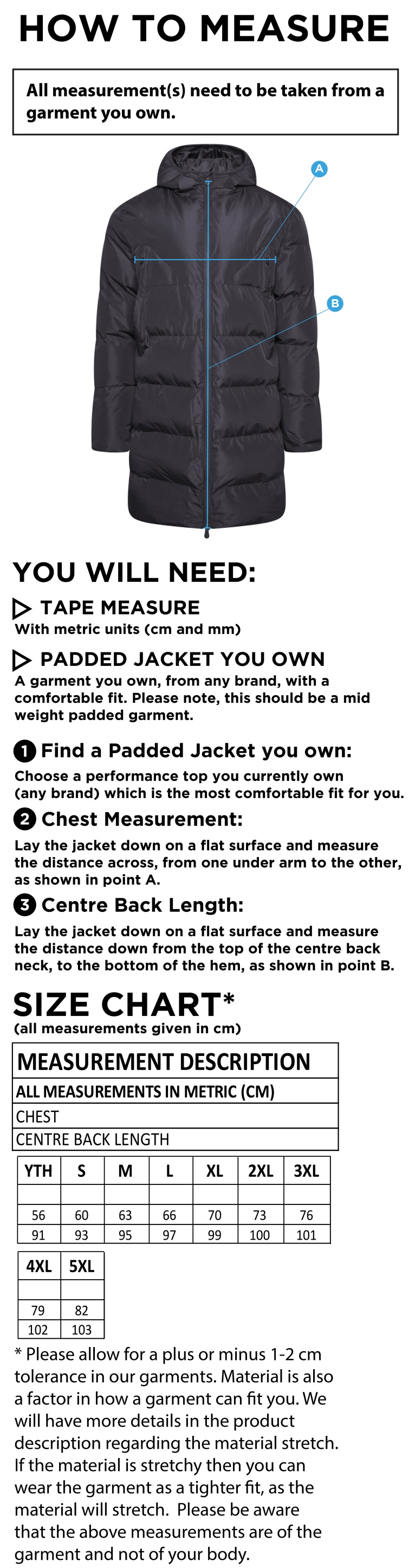 Blagdon CC - ACTIVE LONG PADDED JACKETS - Size Guide