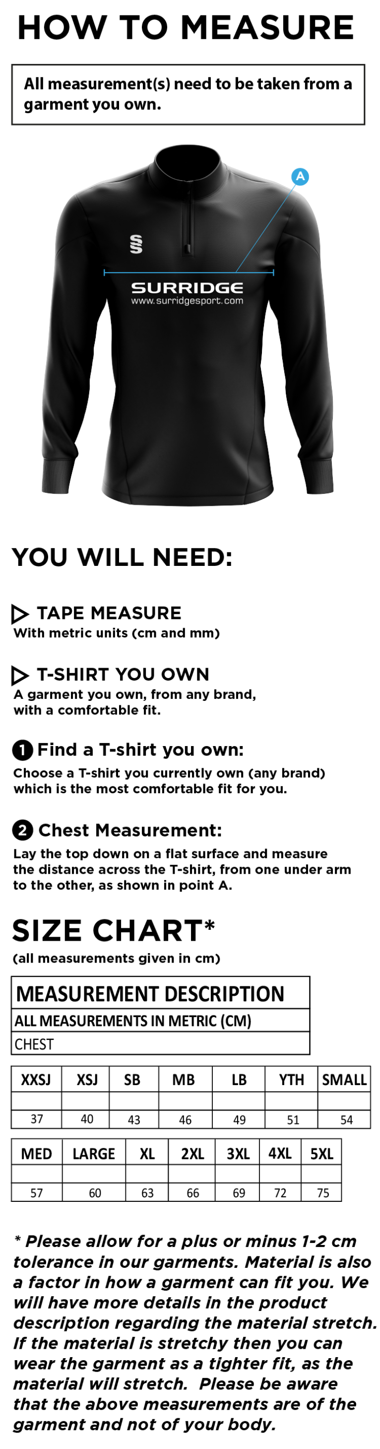 Blagdon CC - Blade Performance Top - Size Guide