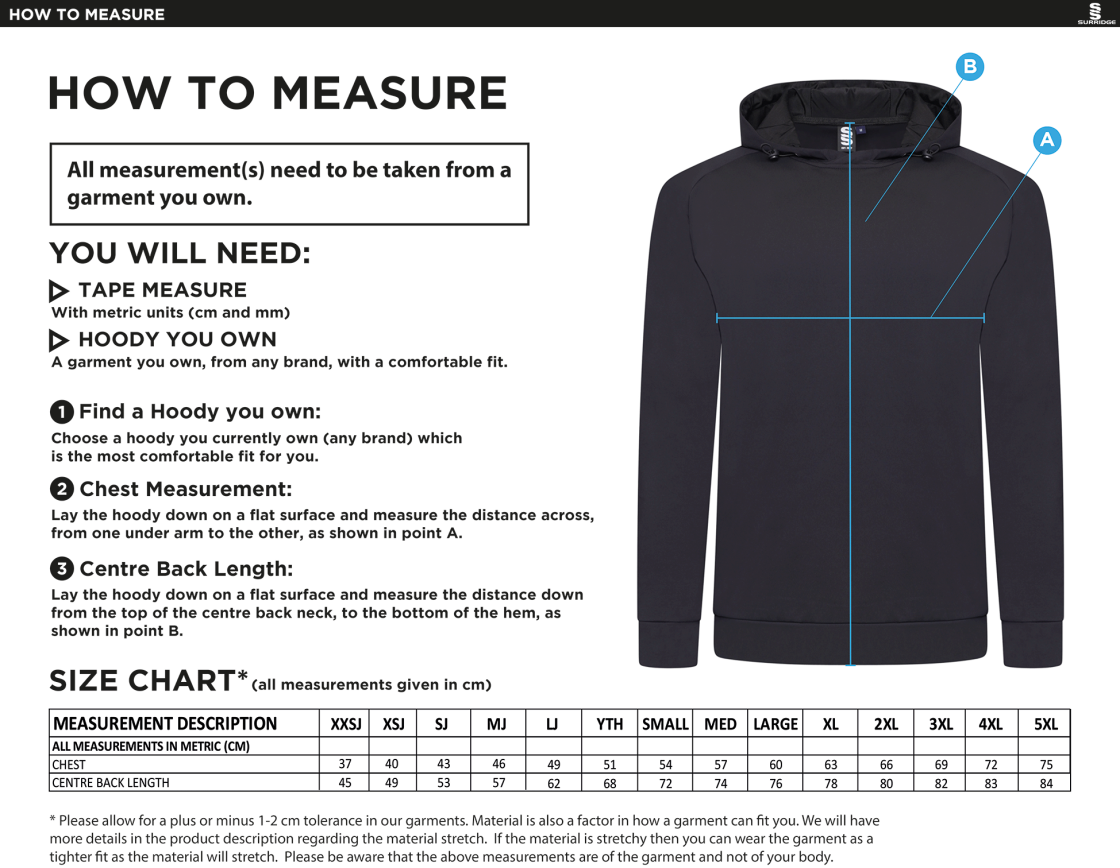 Blagdon CC - ACTIVE HOODY NAVY - Size Guide